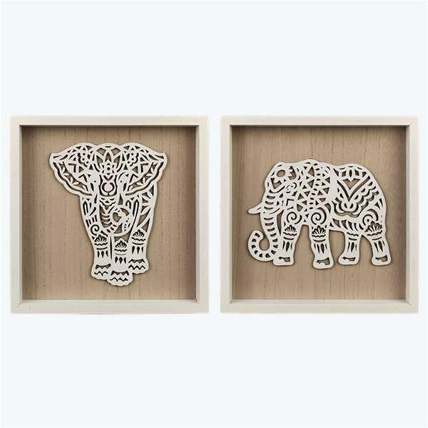Youngs Wood Framed Elephant Tabletop & Wall Art, Assorted Color - 2 Piece 10437